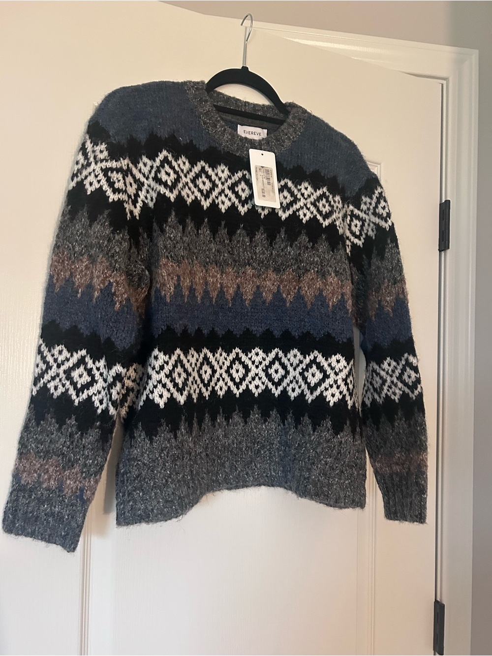 Evereve Women’s Blue, Gray & Black Fair Isle Crewneck Sweater